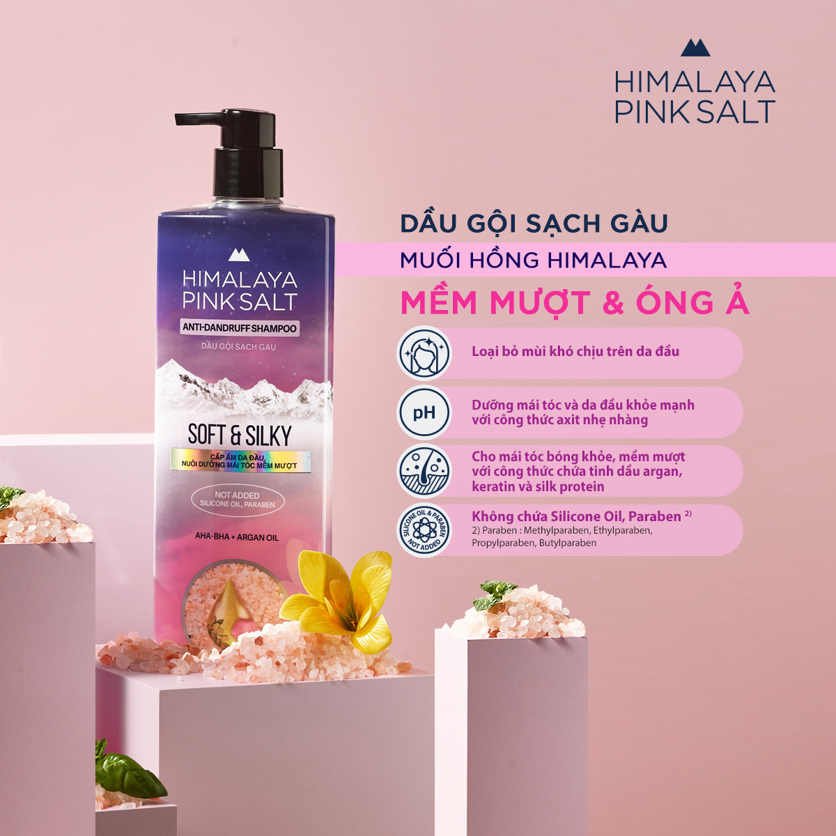 Dầu gội sạch gàu muối hồng Himalaya mềm mượt óng ả Soft & Silky 650ml